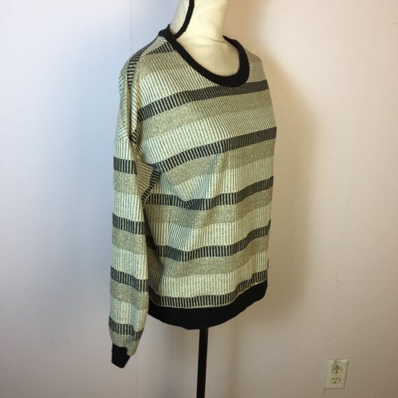 BCBGENERATION Sweater Sz M Woman Gold Silver Metallic Striped Long Ruched Sleeve - Picture 2 of 13
